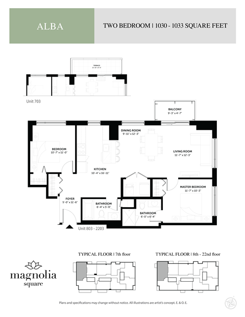 Floor plan for 2 beds, 2 baths, 1030 sqft